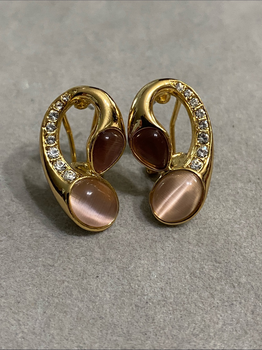 Gold-Tone Pink Cat's Eye and Crystal Hoop Earrings